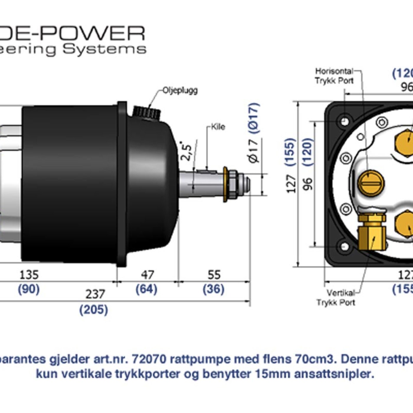 Helm pump, hydraulic steering 70cm³ with flange Sleipner Group